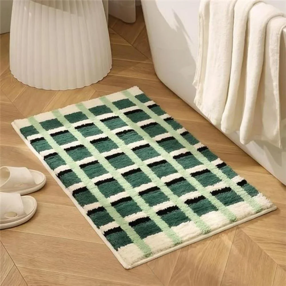 Green Checkered Bathroom Rug 24x16 Soft Absorbent Non Slip Washable Plush Bath M